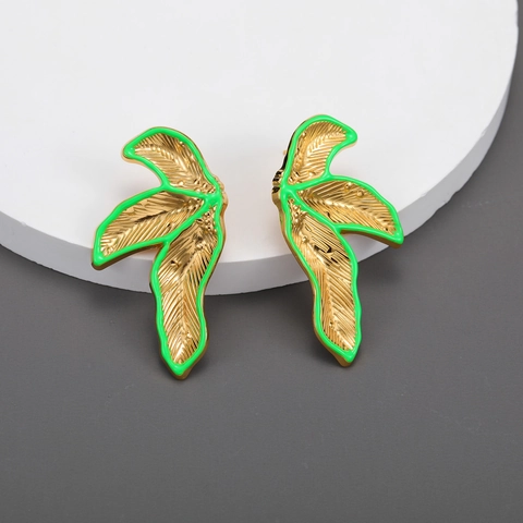 Tropical Palm Leaf Earrings Stainless Steel 18K Gold Plated Green Enamel Exaggerated Niche Design Vintage Fashion For Women