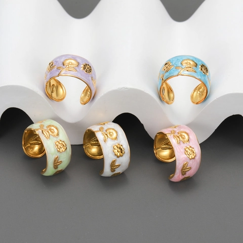 Bague Ouverte Fleur Émail Acier Inoxydable Plaqué Or Vintage Floral Bijoux Ajustables Élégant Cadeau Pour Femme