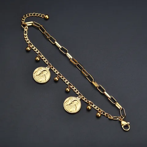 Pulsera Doble Capa Acero Inoxidable Colgante Moneda Retrato Religioso Cuentas Cadena Clip Ajustable Retro Bohemia
