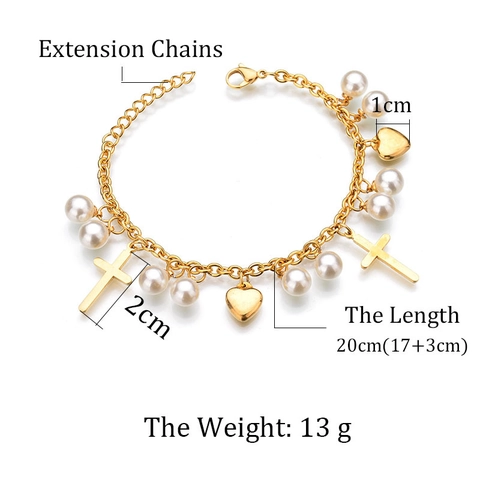 Pulsera De Amuletos De Acero Inoxidable Chapado En Oro Con Cruz Corazón Y Perla Artificial De Imitación Para Mujer Joyería Bohemia