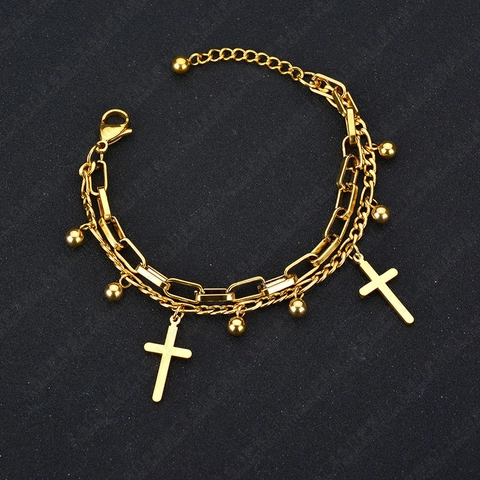 Pulsera De Cadena Por Capas Acero Inoxidable Colgante De Cruz Cuentas Pulidas Joyería De Moda Religiosa Mujeres