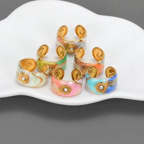 Stainless Steel Sunflower Enamel Ring For Women Open Adjustable Rhinestone Colorful Flowing Pattern Jewelry
