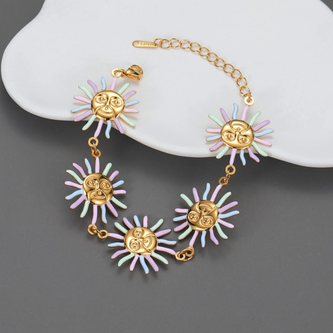 Pulsera De Eslabones Cara De Sol Acero Inoxidable Chapado En Oro Esmalte Colorido Macaron Sonrisa De Sol Joyería Mujer