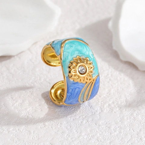 Stainless Steel Sunflower Enamel Ring For Women Open Adjustable Rhinestone Colorful Flowing Pattern Jewelry