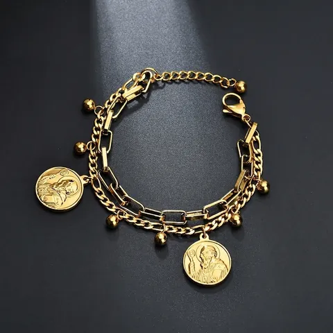 Pulsera Doble Capa Acero Inoxidable Colgante Moneda Retrato Religioso Cuentas Cadena Clip Ajustable Retro Bohemia