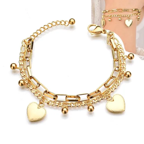 Pulsera Con Colgante De Corazón De Doble Capa Acero Inoxidable Cadena De Eslabones De Clip Dijes De Bola Joyería Mujer
