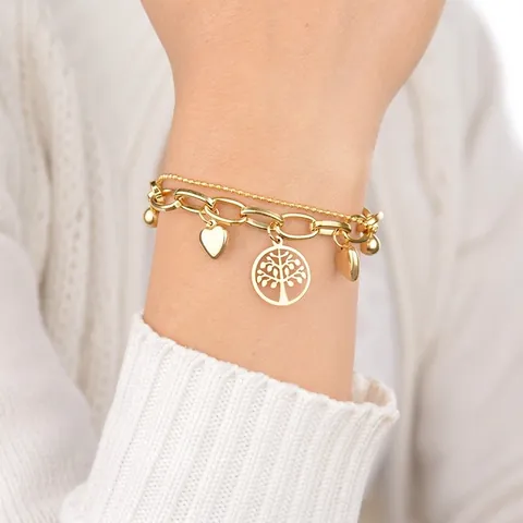 Lebensbaum Herz Anhänger Doppelreihiges Armband Edelstahl 18K Vergoldet Eleganter Schmuck Für Damen