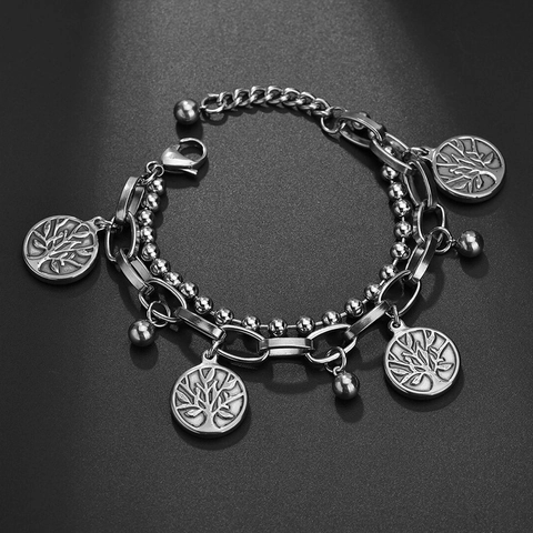 Bracciale Con Charms A Doppio Strato In Acciaio Inossidabile Albero Della Vita Cuore Croce Vergine Maria Pendenti Regolabile