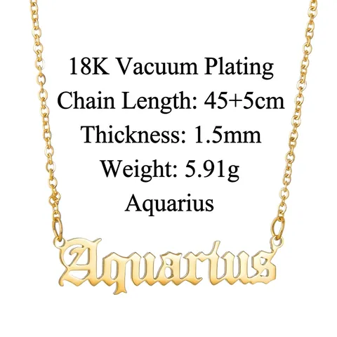 Gothic Zodiac Sign Letter Pendant Necklace Stainless Steel Gold Plated Old English Constellation Jewelry Women Men