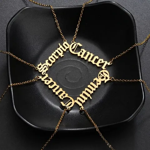 Gothic Zodiac Sign Letter Pendant Necklace Stainless Steel Gold Plated Old English Constellation Jewelry Women Men