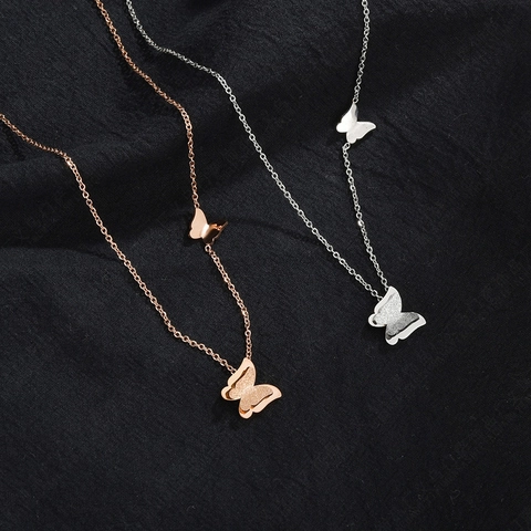 Collar Con Colgante De Doble Mariposa De Acero Inoxidable Esmerilado Brillante Cadena De Clavícula Minimalista Joyas