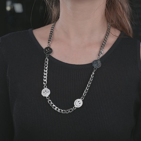 Collar Hip Hop De Acero Inoxidable Con Colgantes De Cara Sonriente Y Llorando Cadena De Eslabones Joyería Urbana Hombre Mujer