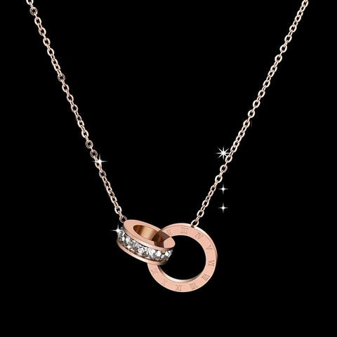 Ineinandergreifende Ringe Anhänger Halskette Roségold Titanstahl Römische Ziffern Zirkon Schlüsselbeinkette Damen
