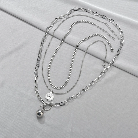 Collar Multicapa De Acero Inoxidable Con Colgante De Moneda De Retrato Y Bola Pulida Cierre De Palanca Joyería Hip Hop