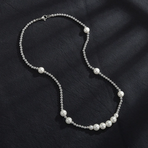 Collana Di Künstliche Perle Vintage Hip Hop In Acciaio Inossidabile Künstliche Perle Metalliche Finta Perla Artificial Bianca Catena Per Donne