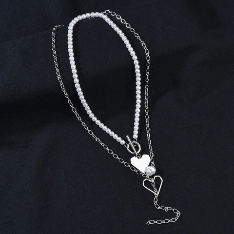 Layered Necklace Stainless Steel With Faux Artificial Pearl Heart Pendant Toggle Clasp Choker For Women
