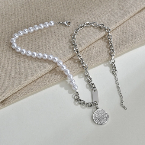 Asymmetrische Ketting Roestvrijstalen Schakelketting Kunstparel Retro St Benedictus Munt Hanger Religieuze Sieraden