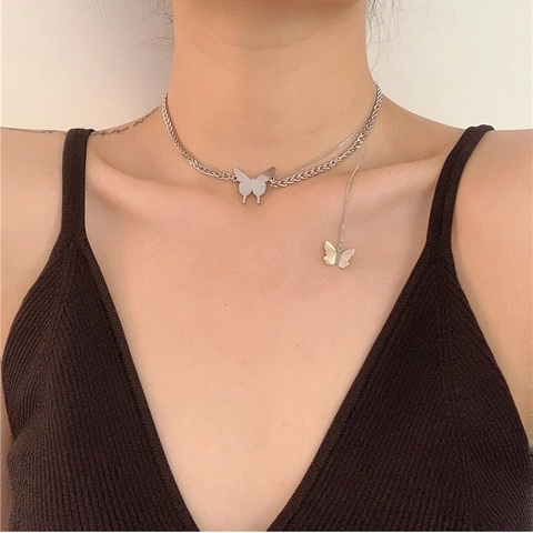 Collana Farfalla Multistrato In Acciaio Inossidabile Argento Catena Cubana Choker Da Donna Gioielli Punk Trendy Y2K