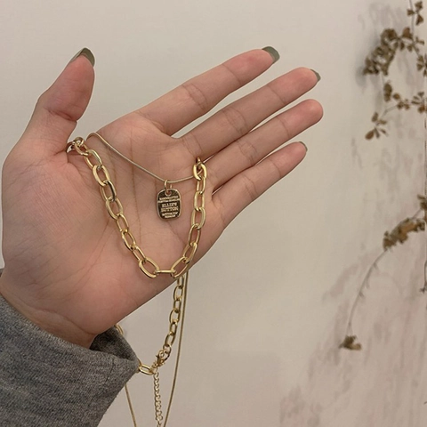 Collar De Doble Capa De Acero Inoxidable Con Colgante Rectangular Grabado Estilo Hip Hop Minimalista Ins