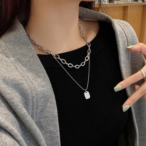 Collar De Doble Capa De Acero Inoxidable Con Colgante Rectangular Grabado Estilo Hip Hop Minimalista Ins
