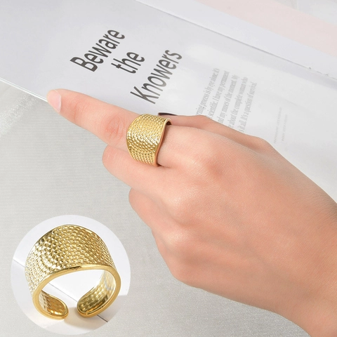 Wide Band Adjustable Open Ring Stainless Steel Gold Plated Hammered Texture Geometric Statement Jewelry For Women Elegance