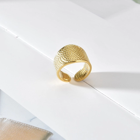 Wide Band Adjustable Open Ring Stainless Steel Gold Plated Hammered Texture Geometric Statement Jewelry For Women Elegance
