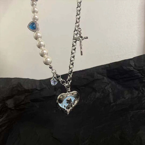 Collana Con Ciondolo A Cuore Con Croce Blu E Imitazioni Di Künstliche Perle Catena In Acciaio Inossidabile Stile Y2K Hip Hop Per Donne