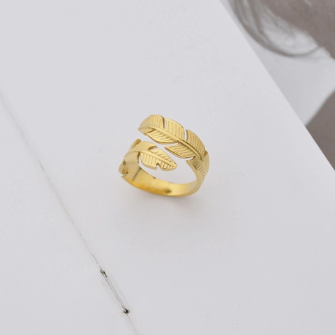 Stainless Steel Overlapping Feather Leaf Open Ring Adjustable Chic Gold Color Jewelry For Women Minimalist Design