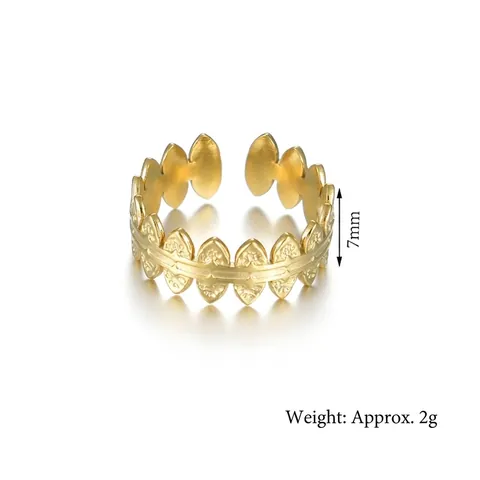 Adjustable Ring 14K Gold Plated Stainless Steel Hammered Leaf Pattern Bumpy Geometric Minimalist For Women
