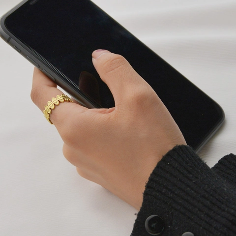 Adjustable Ring 14K Gold Plated Stainless Steel Hammered Leaf Pattern Bumpy Geometric Minimalist For Women