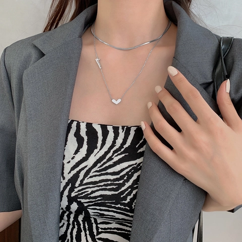 Collar De Capas De Acero Inoxidable Colgante De Corazón Letra Love Cadena De Serpiente Joyería Elegante Para Mujer