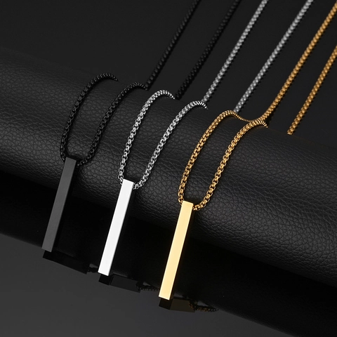 Minimalist Bar Pendant Necklace Stainless Steel Geometric Vertical Column Modern Unisex Jewelry High Polish Box Chain