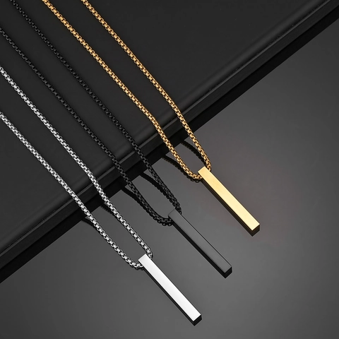 Minimalist Bar Pendant Necklace Stainless Steel Geometric Vertical Column Modern Unisex Jewelry High Polish Box Chain