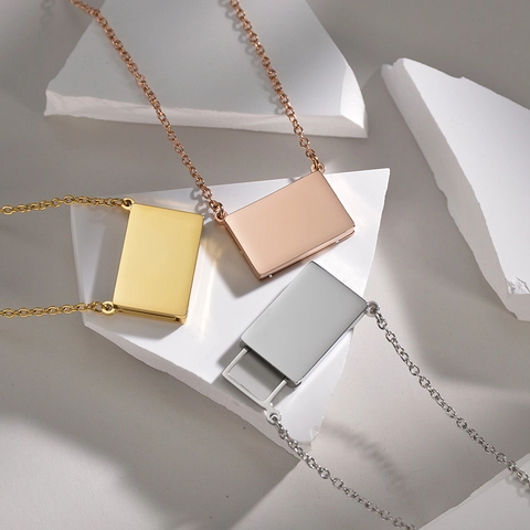 Minimalist Stainless Steel Envelope Slide Pendant Necklace Individual Mirror Polished Secret Message Box Choker For Couples Jewelry