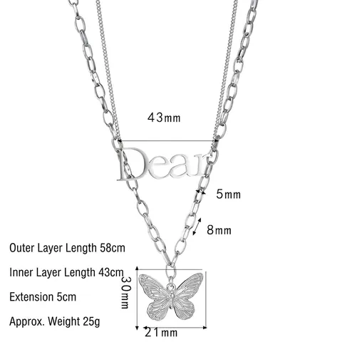 Collar De Doble Capa De Acero Inoxidable Con Colgante De Mariposa Y Letra Dear Joyería De Moda Para Mujeres