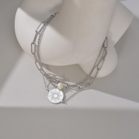 Pulsera De Cadena De Capas En Acero Inoxidable 316L Colgante De Moneda De Sol Y Perla Artificial Sintética Joyería Minimalista Para Mujer