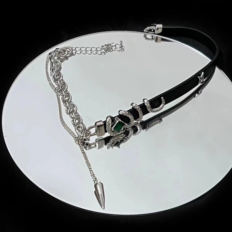 Punk Splicing Choker Ketting Legering Ketting Kunstleer Slang Groene Edelsteen Conische Hanger Gothic Y2K Sieraden Dames