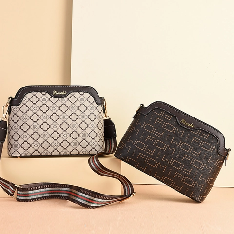 Women Printed Crossbody Bag Vintage PU Leather Shoulder Bag With Wide Striped Strap Large Capacity Elegant Purse