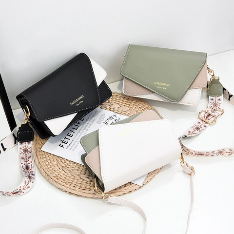 Elegant Women Crossbody Bag PU Leather Contrast Color Block Wide Embroidered Strap Small Square Flap Bag