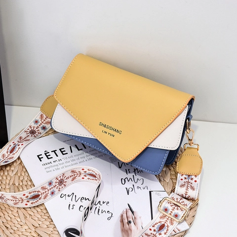 Elegant Women Crossbody Bag PU Leather Contrast Color Block Wide Embroidered Strap Small Square Flap Bag