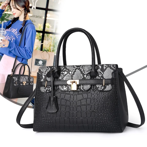 Borsa A Mano Donna Pelle PU Coccodrillo Serpente Motivo Serratura Oro Moda Borsa A Tracolla