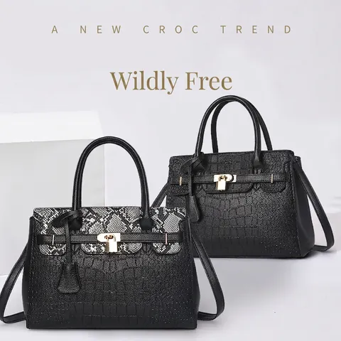 Borsa A Mano Donna Pelle PU Coccodrillo Serpente Motivo Serratura Oro Moda Borsa A Tracolla