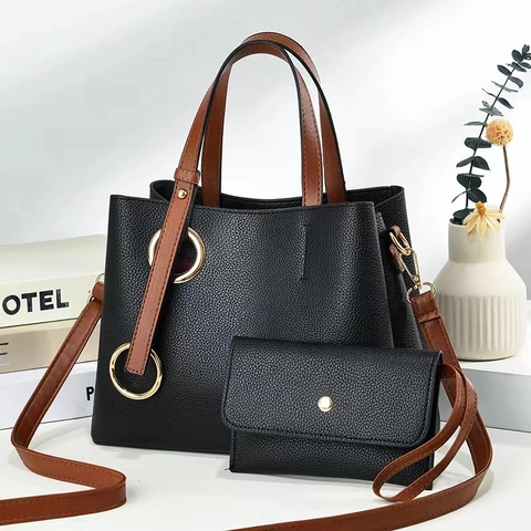 Women Lychee Pattern PU Leather Crossbody Handbag With Golden Ring Large Capacity Tote And Matching Purse Elegant