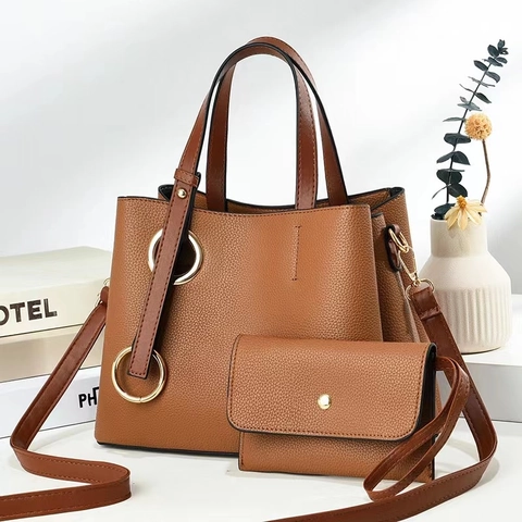 Women Lychee Pattern PU Leather Crossbody Handbag With Golden Ring Large Capacity Tote And Matching Purse Elegant