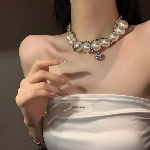 Collana Di Grandi Künstliche Perle Geometriche Esagerate Francesi Con Ciondolo In Zircone Catena Da Clavicola A Strati