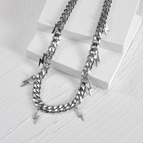 Halsketting Met Bliksemschicht Hanger Cubaanse Schakelketting Roestvrij Staal Gepolijst Punk Streetwear Hip Hop Sieraden Unisex