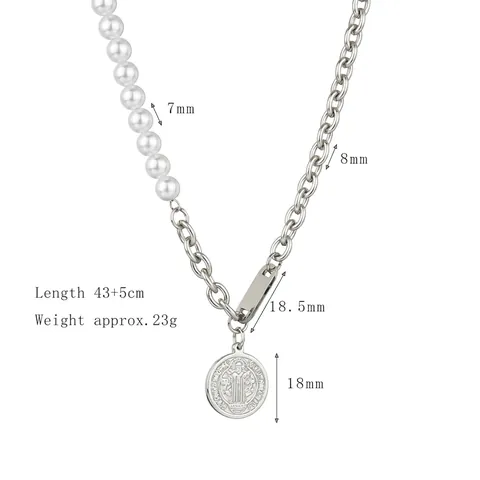 Collana Splicing In Acciaio Inossidabile E Perla Artificial Imitazione Pendente Moneta Rotonda Retro Medaglia San Benedetto Per Donna