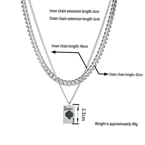 Doppelschichtige Halskette Edelstahl Pik As Spielkarte Rechteckiger Anhänger Panzerkette Hip Hop Schmuck