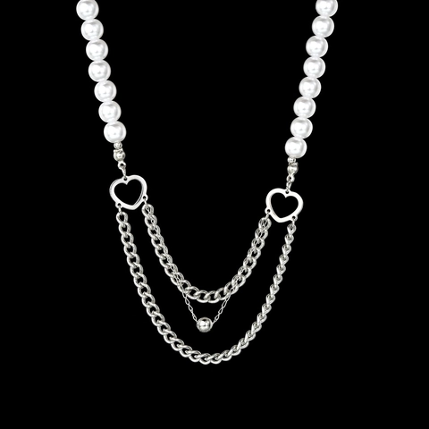 Collana In Acciaio Inossidabile Con Künstliche Perle Sintetiche Pendente Doppio Cuore A Strati Catena Da Clavicvola Per Donne