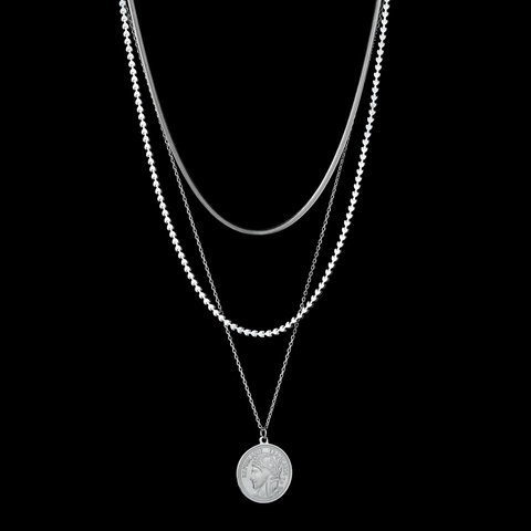 Collier Multi Rangs En Acier Inoxydable Pendentif Pièce Ronde Relief Tête Style Français Vintage Femme